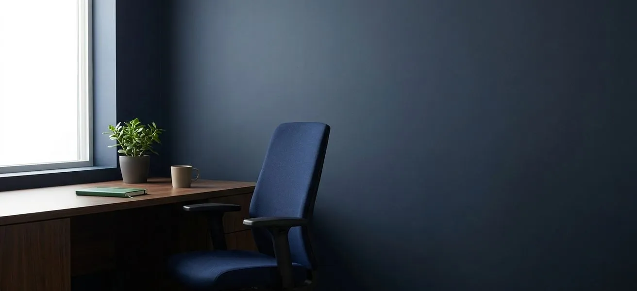 Empty modern office chair beside a tidy desk in a small business office, in deep navy and green tones, conveying a vacant role and employee turnover.