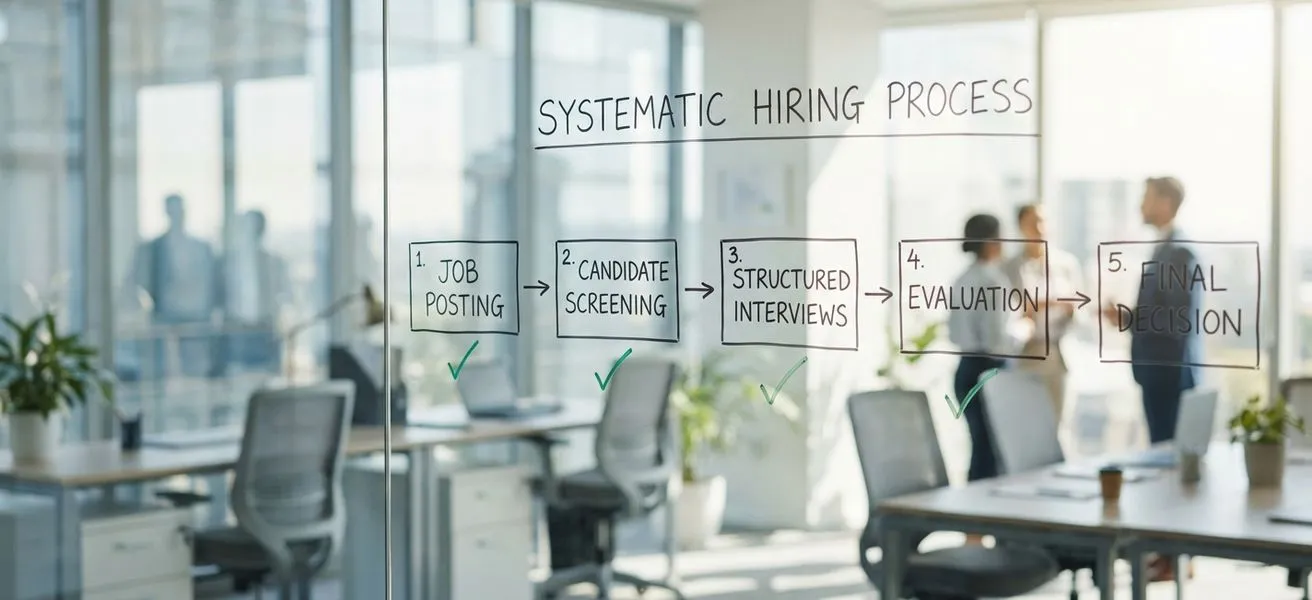 Whiteboard showing a structured 10-phase hiring process diagram