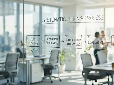 Whiteboard showing a structured 10-phase hiring process diagram