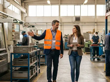 Hiring manager leading a job candidate on a tour through an active workplace facility