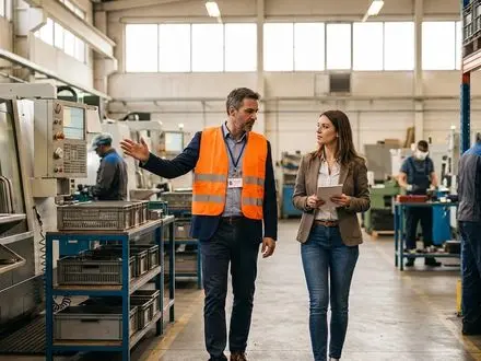 Hiring manager leading a job candidate on a tour through an active workplace facility