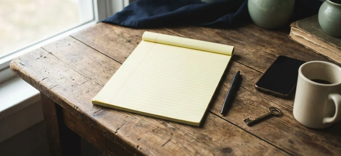 Top-down photo of a weathered wooden desk with a blank legal notepad and pen centered, next to a smartphone, a single brass key, and a coffee mug in soft natural light with deep navy shadows and muted sage green accents.