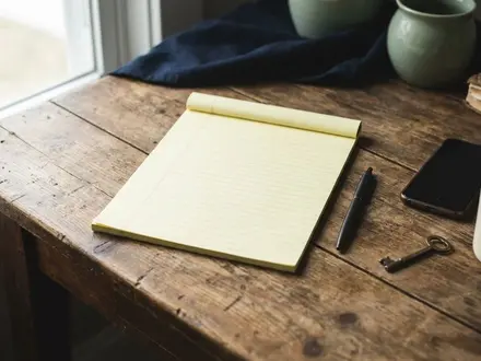 Top-down photo of a weathered wooden desk with a blank legal notepad and pen centered, next to a smartphone, a single brass key, and a coffee mug in soft natural light with deep navy shadows and muted sage green accents.