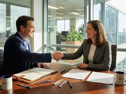 Hiring manager conducting a second interview with a candidate in an office setting