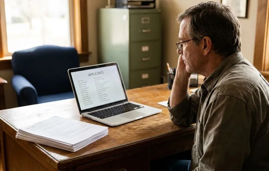 Small business owner in his 50s at a modest office desk, thoughtfully reviewing a ranked list of job applicants on a laptop with a stack of printed resumes beside him in warm natural window light.