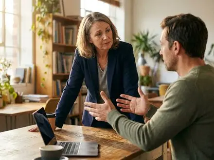 Small-business owner and confident job candidate talking across a wooden table in a modest office, lit by natural window light, with a softly blurred background and a professional but approachable mood.