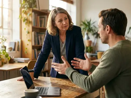 Small-business owner and confident job candidate talking across a wooden table in a modest office, lit by natural window light, with a softly blurred background and a professional but approachable mood.