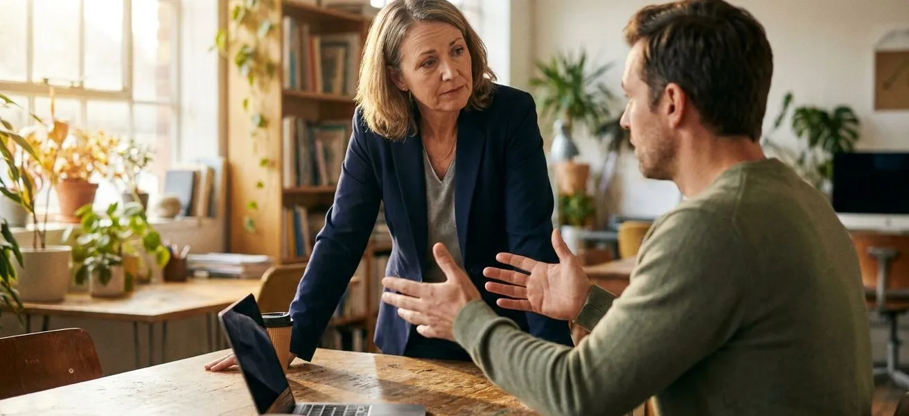 Small-business owner and confident job candidate talking across a wooden table in a modest office, lit by natural window light, with a softly blurred background and a professional but approachable mood.
