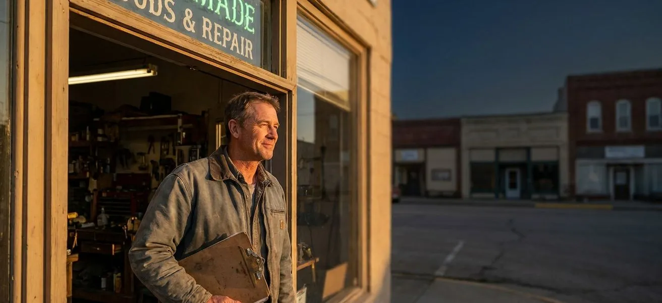 Weathered small-business owner in his early fifties stands in the doorway of his workshop at golden hour, clipboard under his arm, looking out toward town under a deep navy evening sky with warm light and a subtle green storefront glow, in a shallow depth-of-field, documentary-style 16:9 photograph.