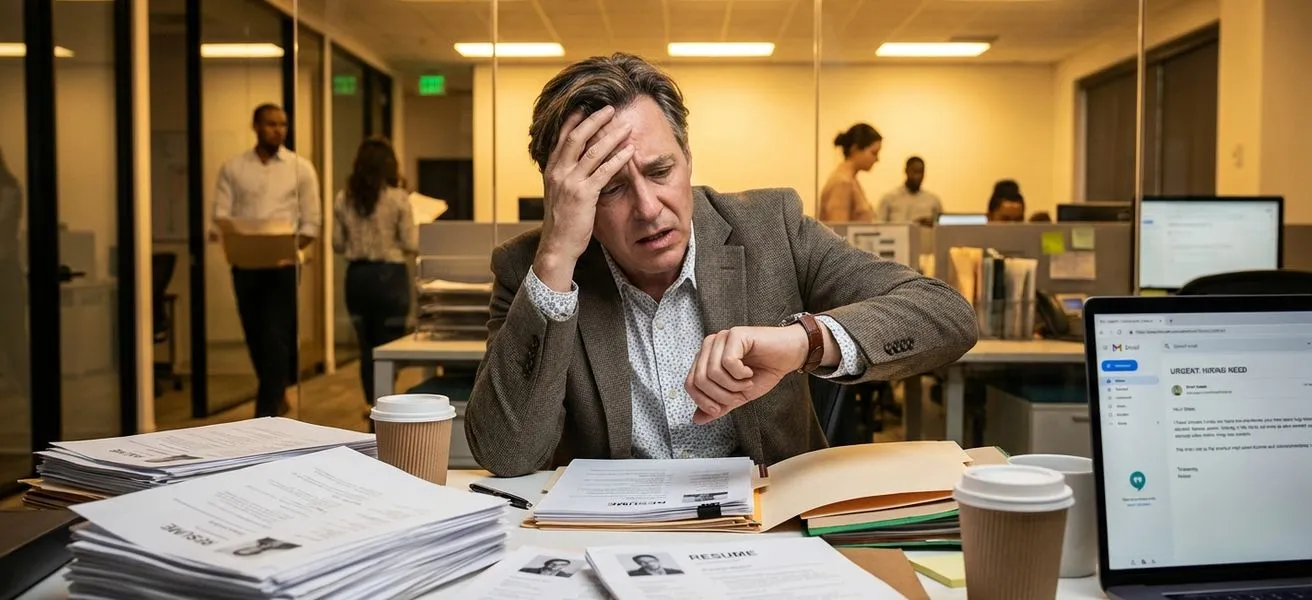 An empty office chair at a desk symbolizing the cost of an unfilled role versus a bad hire