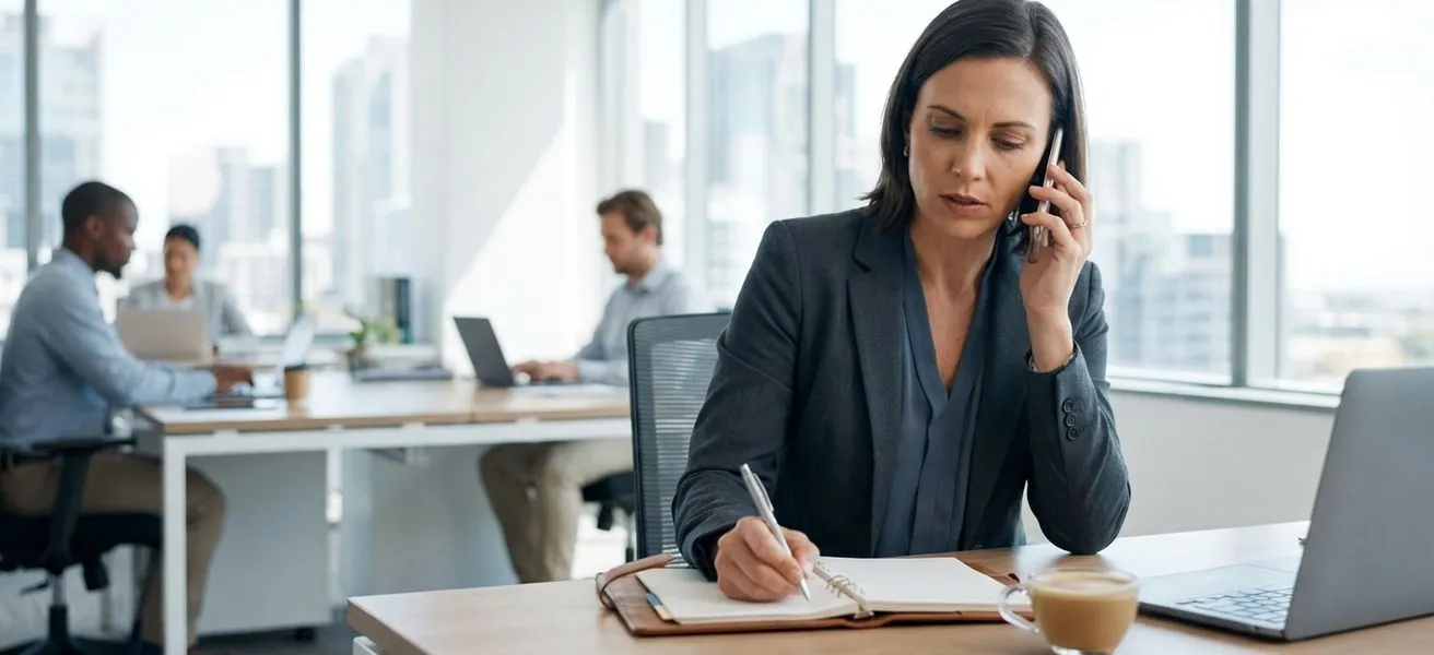 Hiring manager on a phone screen call taking notes at a desk