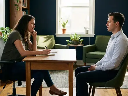 Small-business owner in a modest office interviewing a job candidate across a desk, taking notes with a thoughtful expression in warm natural light, shallow depth of field, 16:9.