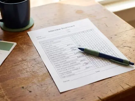Overhead view of a wooden desk in warm light with an interview scorecard and pen in focus, and a coffee mug plus a single resume softly blurred to the side in deep navy and muted green accents.