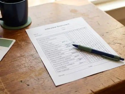 Overhead view of a wooden desk in warm light with an interview scorecard and pen in focus, and a coffee mug plus a single resume softly blurred to the side in deep navy and muted green accents.