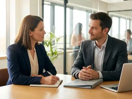 Two professionals in a job interview discussing behavioral questions across a conference table