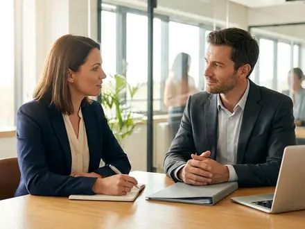 Two professionals in a job interview discussing behavioral questions across a conference table
