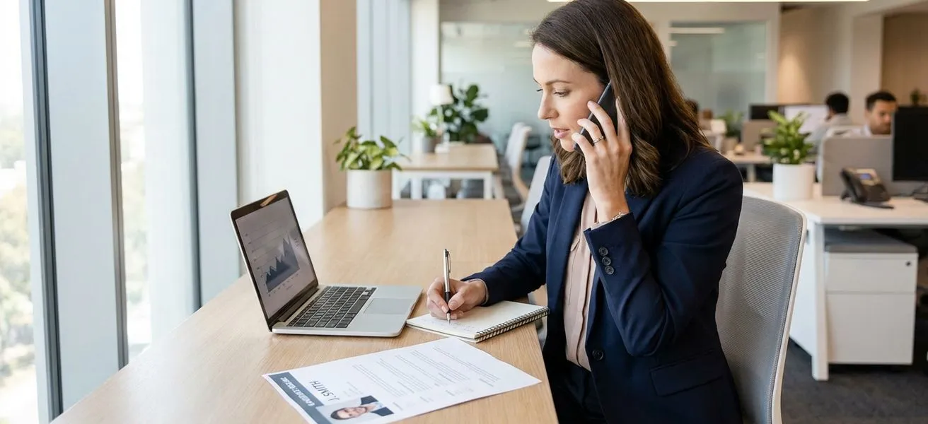 Hiring manager conducting a reference check over the phone with notes in front of them