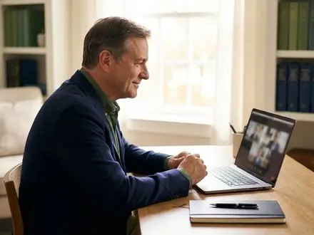Small-business owner in his fifties at a tidy home-office desk, warmly lit from a front window, conducting a video interview on a laptop with a notepad, pen, and nearby empty chair in a calm, professional scene.