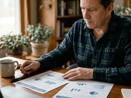 Small-business owner in a plaid shirt at a wooden desk in a warmly lit office, thoughtfully reviewing two printed candidate assessment reports with a coffee mug and pen beside them.