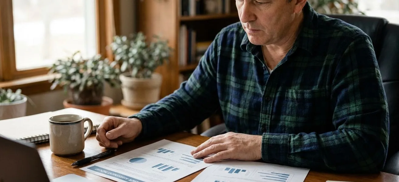 Small-business owner in a plaid shirt at a wooden desk in a warmly lit office, thoughtfully reviewing two printed candidate assessment reports with a coffee mug and pen beside them.