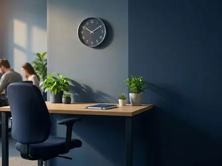 Empty workstation with an unoccupied chair and bare desk in the foreground of a small business office, with blurred coworkers at other desks in the background, in deep navy and green tones to convey the cost of a long-vacant role.