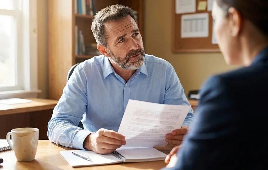 Small business owner reviewing a resume during a job interview, the moment when 90-day retention is decided