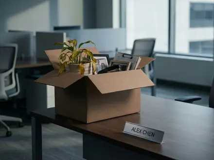 Empty office desk with packed personal items after a failed hire