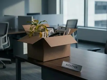 Empty office desk with packed personal items after a failed hire