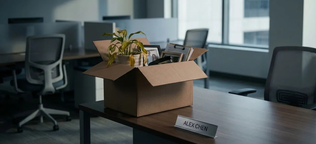 Empty office desk with packed personal items after a failed hire